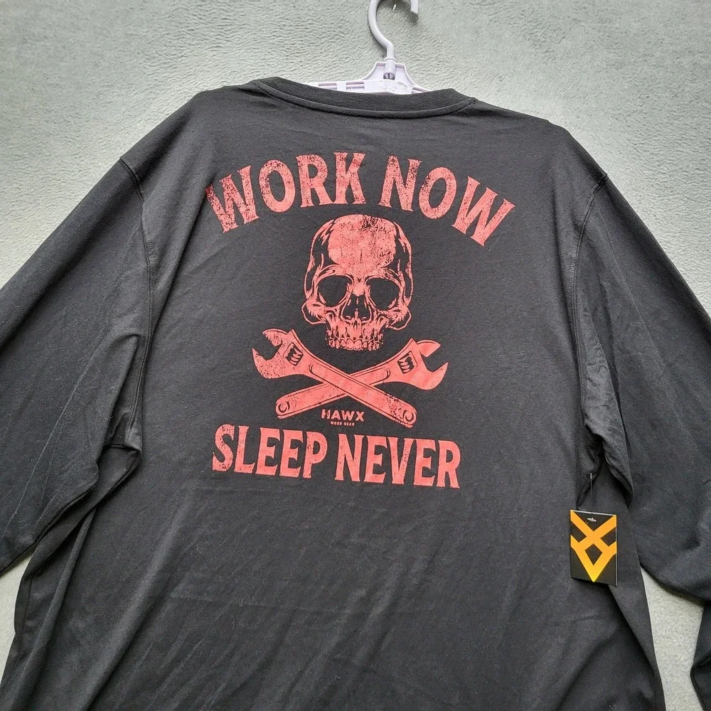 Hawx Men Shirt‎ 2XL Black Graphic Print Skull Wrenches Sleep Never Work Gear NWT